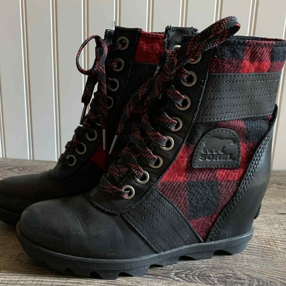 Sorel Shoes - Sorel Lexie Leather Plaid Wedge Boot Womens 7 Red Black Checker
